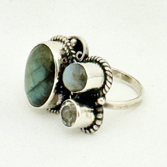 Labradorite and Faceted Green Amethyst Sterling Silver Statement Ring - Size 8 - Picture 6 of 10